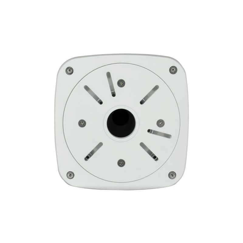 Caja de conexiones universal para cámaras bullet o domos
 	Permite alojar el alimentador, el cableado y los accesorios de la instalación en su interior
 	Dispone de múltiples orificios para instalación de diferentes tipos de cámaras bullet o domos
 	Fijación a pared o techo a través de 4 tornillos incluidos
 	La cámara queda instalada en la cubierta desmontable del soporte
 	Permite el paso interno del cableado
 	Carga máxima: 3 kg